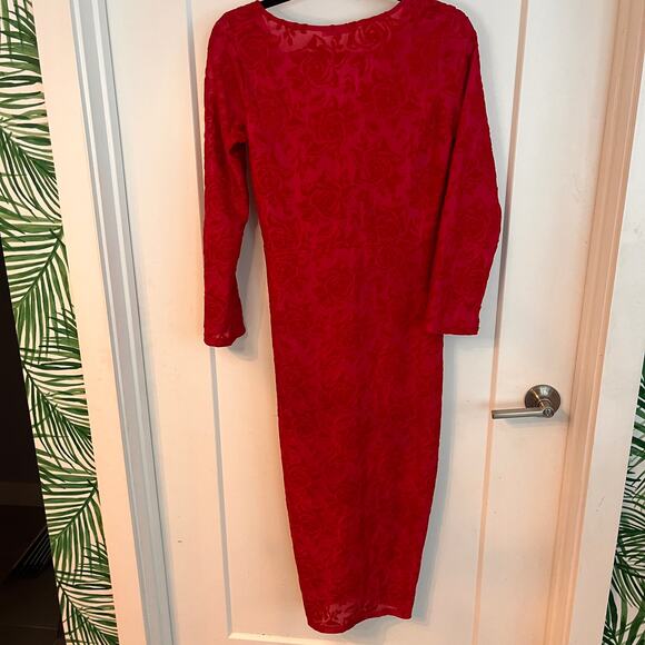 Zara Red Long Sleeve Floral Brocade Midi Dress Small - Picture 3 of 7